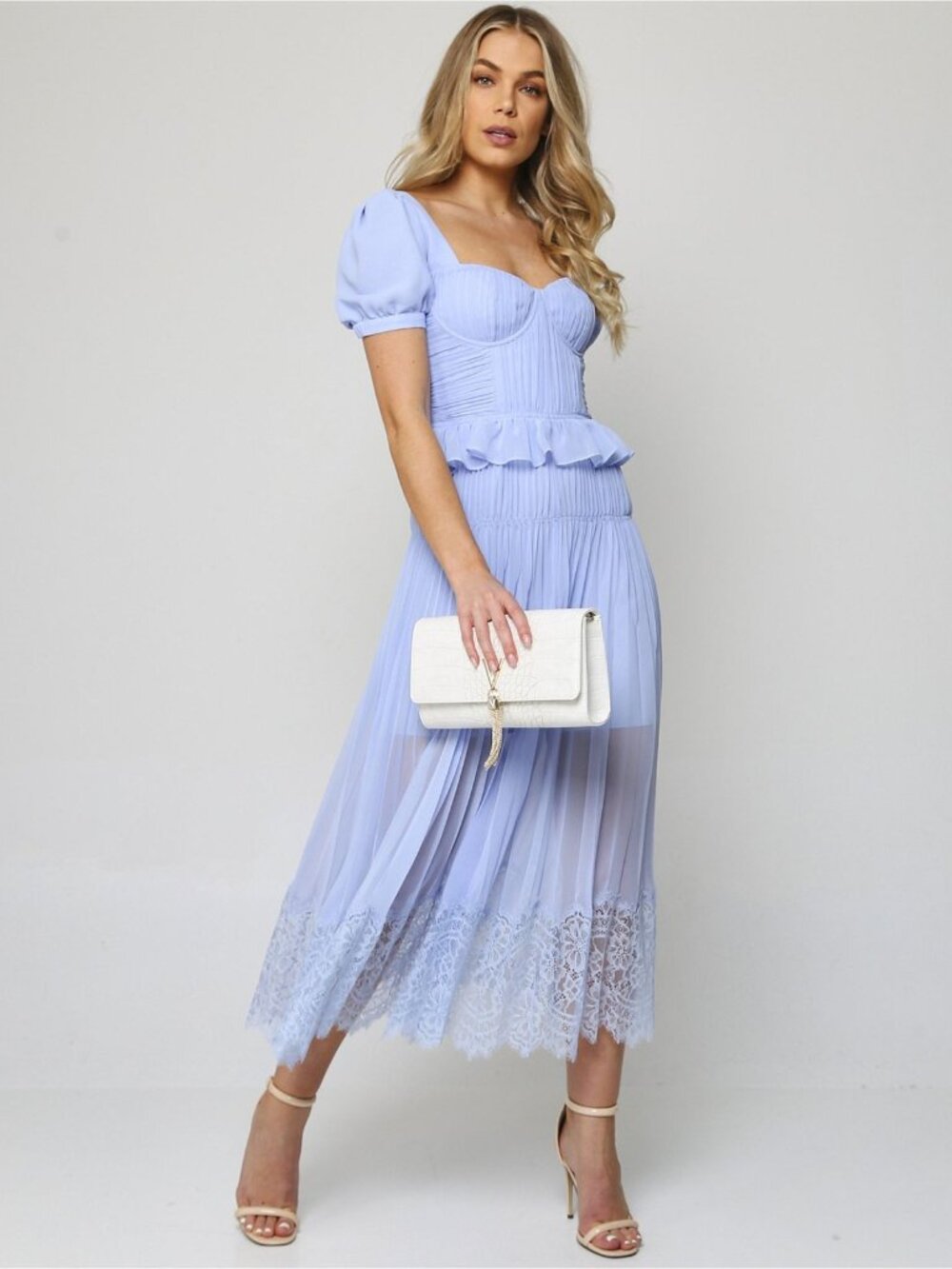 Self-Portrait NWT Light Blue Chiffon Plissé Pleat Midi Dress 10 (L)